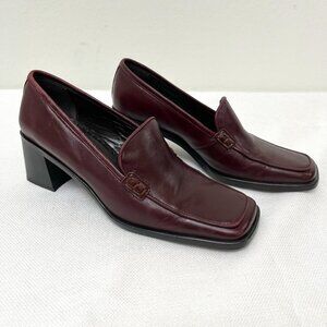 Kenneth Cole Leather Burgundy Loafers Chunky Block Heel Square Toe Size 7.5